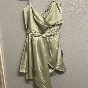 Lulus Always Celebrating Sage Green Satin Off-the-shoulder dress